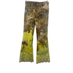 Pilcro & The Letterpress Jean Brown Olive Green Yellow Tie-Dye Flared Lace Trim